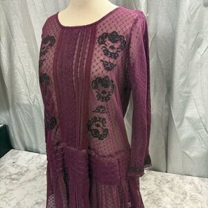 Free People maroon and Black enroidered sheer Jocelyn tunic top